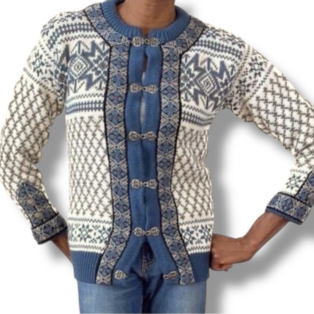 Dale of Norway Vintage Fair Isles Wool Blue & Cream Cardigan SZ S